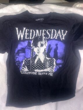 Black 'Wednesday' Graphic Short Sleeve Tee with White and Purple Print